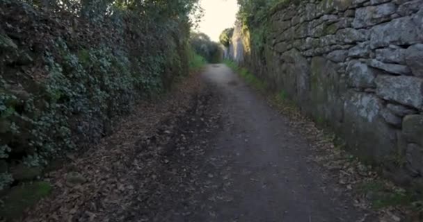 ガリシア スペインのアラリスで放棄された石の壁と中世の道を歩く夕日 — ストック動画