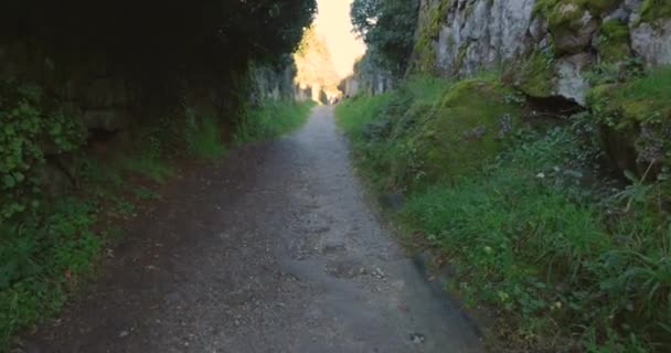 Promenade Sur Route Médiévale Avec Des Murs Pierre Abandonnés Avec — Video