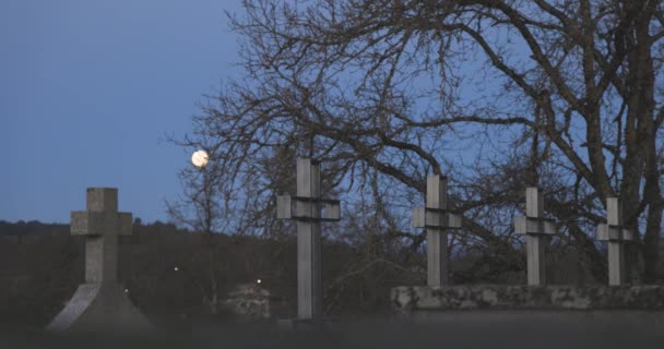 Хронология Каменных Крестов Кладбище Полнолуние Закате Солнца Ветвями Деревьев — стоковое видео