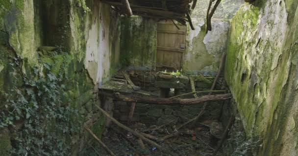 Stary Opuszczony Dom Rozpada Się Kawałki Gruzy Podświetlone Słoneczny Dzień — Wideo stockowe