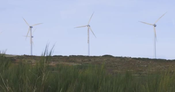 Elektriska Vindkraftverk Snurrar För Elproduktion Blå Himmel Bakgrund — Stockvideo
