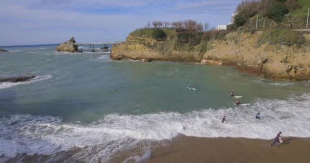 Biarritz Γαλλία Φεβρουαρίου 2024 Μια Ομάδα Νεαρών Σέρφερ Και Κολυμβητών — Αρχείο Βίντεο