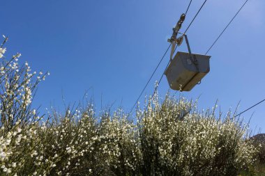 Kömür madenciliği arabası halatla halat üzerinde dağlarda terk edilmiş endüstriyel ekipmanlar açık güneşli bir günde mavi gökyüzü ve bahar çiçeği çayırında.