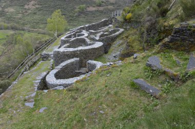 İspanya 'nın Asturias kasabasındaki Chano köyünde tarihi Kelt köyü arkeolojik yerleşim yeri..