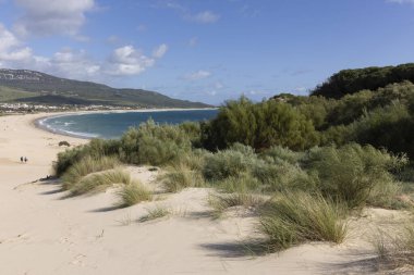 İspanya 'da Punta Paloma' da deniz ve plajlı okyanus manzarası bulutlu güneşli bir günde.