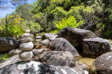 Görüntü titizlikle dengelenmiş gri ve açık kahverengi taş yığınını küçük bir cairn oluşturarak sergiliyor. Bu cairn daha büyük, daha koyu gri bir kayanın üzerinde sığ bir dere ya da nehir kenarında yer alır..
