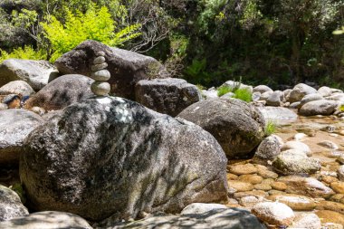 Resim, çeşitli boyutlarda kaya ve taşlardan oluşan bir nehir yatağının yakın görüntüsünü sunuyor. Kayalar koyu griden açık griye renk olarak değişir ve su erozyonundan pürüzsüz dokular gösterir. Bazı kayalar açık gri çizgiler gösterir.