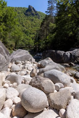 Yüksek açılı, orta ölçekli, çeşitli boyutlarda gri ve açık renkli kaya ve kayalarla dolu bir nehir yatağını tasvir ediyor. Ön planda bir kaya kümesi var. Arka planda ise ahşap bir köprü görünüyor..