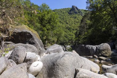 Görüntü yüksek açılı, dağlık bir vadide yuva yapmış kayalık bir nehir yatağını gösteriyor. Ön planda çeşitli boyutlarda, gri ve açık renkli yuvarlak kaya ve kayalardan oluşan bir koleksiyon var..