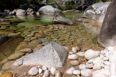 Görüntü yüksek açılı, sığ bir dere yatağının yakın görüntüsünü veriyor. Dere yatağı ağırlıklı olarak çeşitli kaya ve çakıl taşlarından oluşur, küçük, pürüzsüz taşlardan büyük, açısal kayalara kadar uzanır..