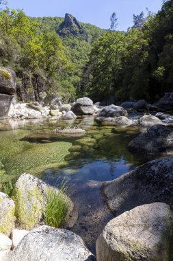 Yüksek açılı, çeşitli büyüklükteki kayalarla çevrili sığ bir nehir havuzunun yakın çekim görüntüsü. Su son derece berrak, pürüzsüz, gri ve koyu renkli taşlardan oluşan nehir yatağını ortaya çıkarıyor..