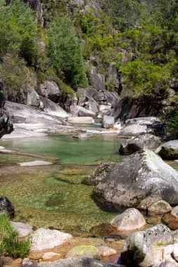 Yüksek açılı, orta ölçekli, büyük, gri ve koyu gri kayaların arasına yerleştirilmiş berrak, yeşil bir su havuzu tasvir ediyor. Su yüzeysel ve sakin görünüyor. Çerçeveye giren çıkan küçük bir akıntı var..