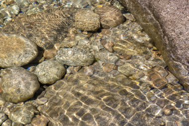 Yüksek açılı, yakın çekim, birkaç pürüzsüz, yuvarlak kayanın yüzeysel ve berrak suya batışını gösteriyor. Suyun yüzeyi, kayaların ve nehir yatağının altında ışık kırılması ve bozulmasına yol açan görünür bir dalga etkisi gösteriyor.. 