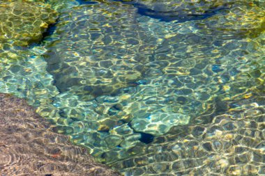 Yüksek açılı, su altında kalan bir kaya oluşumunun yakın çekim görüntüsü kısmen yeşil alglerle kaplı. Su son derece berraktır, kayanın dokusunu ve alglerin karmaşık şablonlarını çok iyi görebilmemizi sağlar..