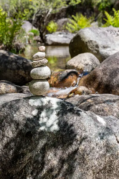 Bir su kuşunu, muhtemelen bir ördeği tasvir eden yakın plan fotoğraf, pürüzsüz, gri taşlardan yapılmış titizlikle dengelenmiş bir cairn yakınında yer almaktadır.. 