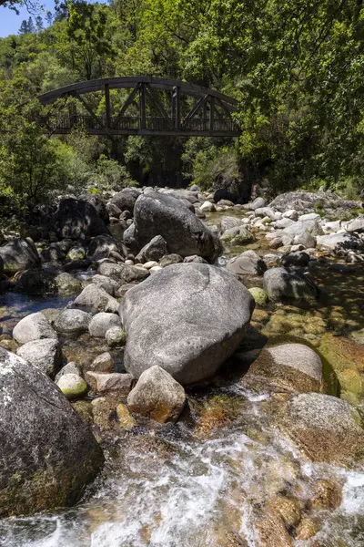 Nehrin sığ bir bölgesini gösteren yüksek açılı, yakın çekim. Ön planda hem pürüzsüz hem de pürüzsüz dokulara sahip çeşitli gri ve açık gri nehir kayaları bulunmaktadır..