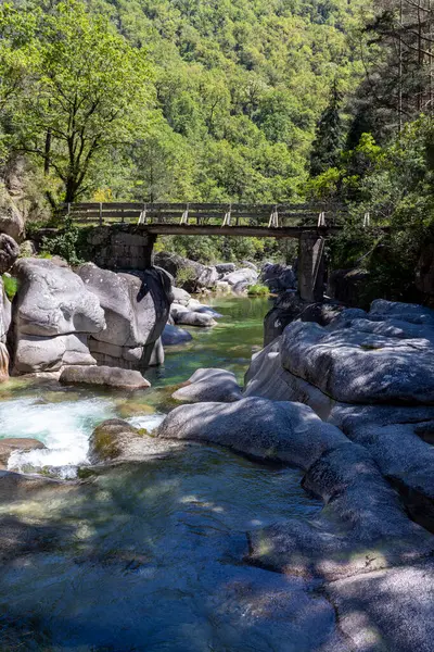 Yüksek açılı, orta ölçekli, sığ ve kayalık bir dere boyunca uzanan ahşap bir köprü tasvir edilmiş. Köprü eskimiş, koyu kahverengi kerestelerden oluşuyor..