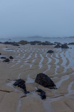 Yüksek açılı, alçak gelgitte bir kumsal görüntüsü. Ana odak noktası, ıslak kumda akan suyun yarattığı karmaşık desenler. Dalgalı ve paralel çizgiler serisi..