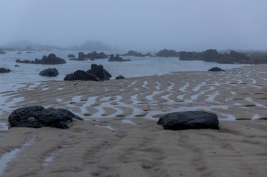 Görüntü peyzaj odaklı, kumlu bir plajın hakim olduğu ve kuma oyulmuş dalga desenleri olan bir sahneyi gösteriyor. Koyu renkli kayalar sahile saçılmış..