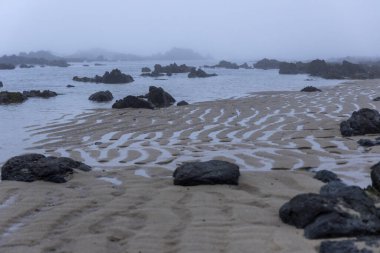 Görüntü, şafak veya gün doğumunda sahili gösteriyor. Ön planda kuma oyulmuş farklı dalga desenleri olan kumlu bir sahil var. Kuma dağılmış koyu, pürüzsüz kayalar. 