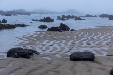 Görüntü, bulutlu bir günde kıyı manzarasını gösteriyor. Ön planda, ıslak kuma oyulmuş belirgin dalga desenleri olan kumlu bir plaj yer alıyor. Koyu, pürüzsüz kayalar dağılmış.