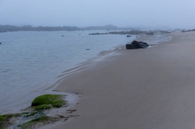 Bulutlu bir günde yüksek açılı, uzak bir plaj sahnesi. Kumsal kumlu, açık bej renkli. Su sakin, gri-mavi, yumuşak dalgalar halinde kumla buluşuyor. Bazı koyu kayalar görünür.