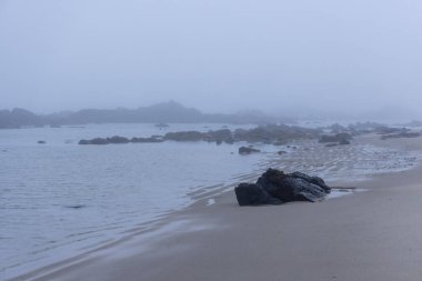 Görüntü bulutlu bir günde sahili gösteriyor. Yoğun bir sis ya da sis arkaplanı gizler ve karanın detaylarını belirsiz bırakır. Ön planda kumlu bir sahil var.