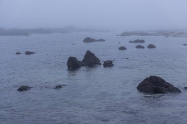 Birkaç koyu renkli kaya oluşumunun yüksek açılı uzun açılı görüntüsü kısmen sakin ve gri suya gömülmüş. Yoğun bir sis ya da sis arka planı gizler ve görüş açısını azaltır..