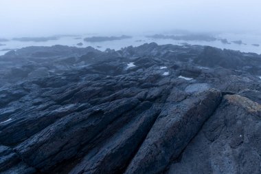Yüksek açılı, deniz sisi veya sisle kaplanmış kayalık bir sahil şeridi görüntüsü. Kayalar koyu gri ve mavidir. Değişen boyut ve şekillerle pürüzlü ve desenli bir yüzey sergilerler..