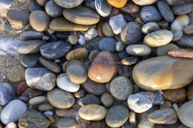 Yüksek açılı, pürüzsüz, yuvarlak, değişik boylarda ve renklerde deniz taşları koleksiyonu. Taşlar ağırlıklı olarak toprak tonları, kahverengiler, griler, bronzlar.