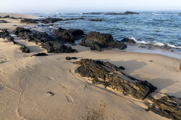 Yüksek açılı, sahil şeridine yakın çekim. Ön plan açık renkli kumdan oluşmakta ve koyu renkli kayalar üzerine saçılmıştır. Kayalar çeşitli boyutlarda ve şekillerde.