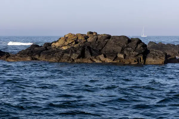 Görüntü, bir su kütlesinin ortasında koyu renkli kayalık bir çıkıntı gösteriyor. Kayalar düzensiz ve koyu gri ya da siyah gibi görünüyor..