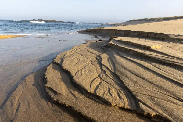 Kumsaldaki kum desenlerine yakından bak. Görüntü, su ve rüzgar erozyonunun oluşturduğu karmaşık çizgileri ve dokuları gösteriyor. Kum esasen açık kahverengidir ve daha koyu kahverengi çizgileri vardır..