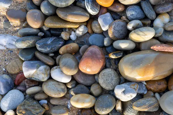 Yüksek açılı, pürüzsüz, yuvarlak, değişik boylarda ve renklerde deniz taşları koleksiyonu. Taşlar ağırlıklı olarak toprak tonları, kahverengiler, griler, bronzlar.