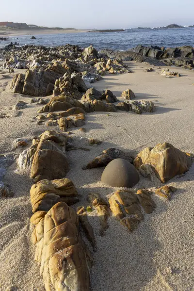 Yüksek açılı, çeşitli boyutlardaki kaya ve taşların yakın çekim görüntüsü kısmen açık renkli kuma gömülmüş. Kayalar ağırlıklı olarak kahverengimsi sarı ve gridir. Kaba bir doku sergilerler..  
