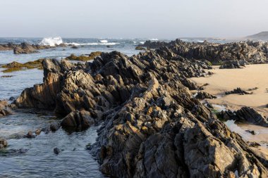 Görüntü dalgaların çekildiği kayalık bir kıyı şeridini gösteriyor. Ön planda koyu renkli, değişik boyutlarda sert desenli kayalar var. Bazıları kısmen sığ sulara batmış..