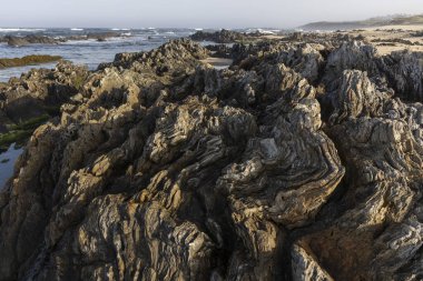 Yüksek açılı, kıyı kayaları oluşumuna yakın çekim. Görüntü, pürüzsüz ve pürüzsüz yüzeyler de dahil olmak üzere çeşitli dokulara sahip koyu kahverengi ve gri kayalardan oluşan karmaşık bir düzenleme gösteriyor.. 