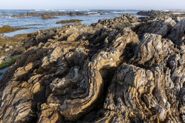 Yüksek açılı, kıyı kayaları oluşumuna yakın çekim. Görüntü koyu gri ve açık gri kayaların detaylı bir dokusunu gösteriyor. Kahverengi aksanlı, çeşitli şekil ve desenler sergiliyor..  