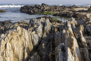 Görüntü, bir kıyı kayası oluşumunun yakın görüntüsünü gösteriyor. Kayalar kahverengi, gri ve bej tonlarıdır, görünür dokuları ve katmanları vardır. Bazı kayalar pürüzsüzdür, diğerleri pürüzlüdür