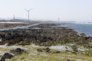 Görüntü bulutlu bir günde kayalık bir sahil şeridini gösteriyor. Ön planda durgun denize uzanan karanlık ve dalgalı kayalar var. Kayaların arkasında kumlu bir arazi var..
