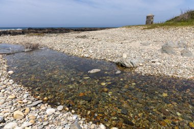 Görüntü, çakıl taşı plajında gezinen sığ bir akarsuyun yüksek açılı ve uzak bir görüntüsünü gösteriyor. Derenin suyu temiz, dipteki kaya ve çakıl taşlarının görünmesini sağlıyor. Sahil...