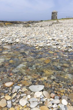Sığ bir dere yatağının yakın görüntüsü. Su berraktır ve çeşitli boyutlardaki pürüzsüz taşların ve esasen kahverengiler, bronzlar ve griler olmak üzere farklı renklerdeki çakıl taşlarının görünmesini sağlar. Taşlar...