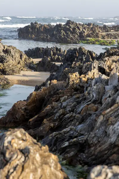 Görüntü kayalık bir sahil şeridini yakından gösteriyor. Kayalar kahverengi, gri ve bej tonlarıdır, kaba dokular, çeşitli şekiller ve boyutlar sergilerler.. 