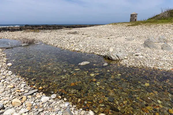 Görüntü, çakıl taşı plajında gezinen sığ bir akarsuyun yüksek açılı ve uzak bir görüntüsünü gösteriyor. Derenin suyu temiz, dipteki kaya ve çakıl taşlarının görünmesini sağlıyor. Sahil...