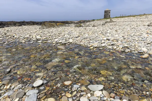 Görüntü, yüksek açılı, sığ bir akarsuyun yumuşak, çeşitli renklerde çakıl taşlarından oluşan bir yatağın üzerinden akışını gösteriyor. Çakıl taşları ağırlıklı olarak açık gri beyaz ve koyu renkli taşlardır.