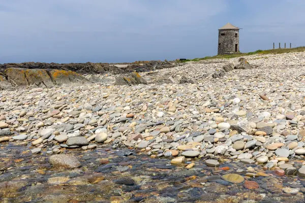 Görüntü, açık renkli, pürüzsüz taşlar ve deniz kabuklarının hakim olduğu çakıl taşı plajının geniş bir görüntüsünü gösteriyor. Taşların boyutları değişir ve dokulu bir yüzey oluştururlar. Küçük, karanlık bir kule görünüyor..