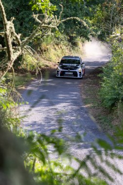 Ourense, İspanya, 13 Haziran 2025: Görüntüde dar, çakıllı bir yolda hareket eden beyaz bir rali arabası görülüyor. Araba keskin bir odak noktasında hareket bulanıklığı gösteriyor..