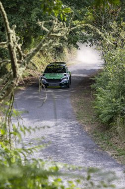 Ourense, İspanya, 13 Haziran 2025: Görüntüde dar ve asfaltsız bir orman yolunda hareket eden yeşil bir rali arabası görülüyor. Araba keskin bir şekilde odaklanmış, bir hız ve dinamizm hissi sergiliyor..