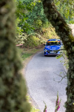 Ourense, İspanya, 13 Haziran 2025: Görüntü, ön plandaki ağaç dalları tarafından kısmen karanlık bir açıdan çekilen, hareket halindeki mavi bir rali arabasını gösteriyor..