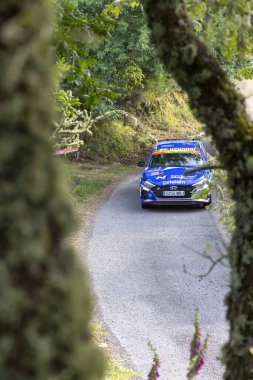 Ourense, İspanya, 13 Haziran 2025: Görüntü, yapraklı dallar aracılığıyla biraz belirsiz bir perspektiften çekilen hareket halindeki mavi bir rali arabasını gösteriyor.
